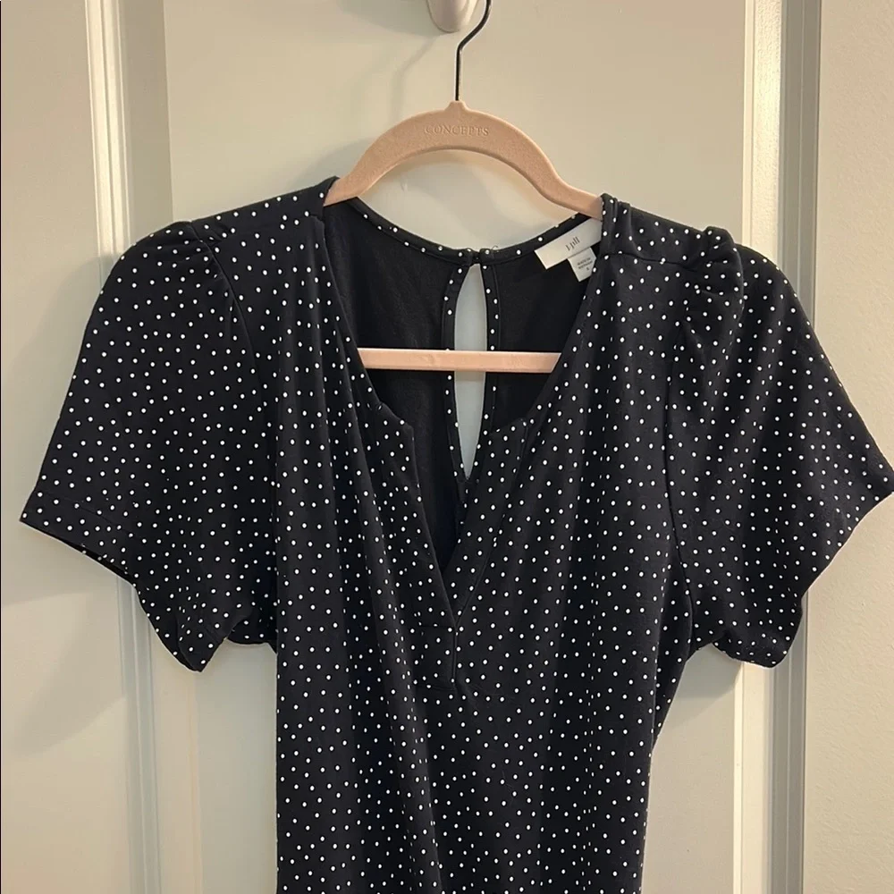 J. Jill V-Neck Polka Dot Waist Tie Navy Jumpsuit - Picture 2 of 5